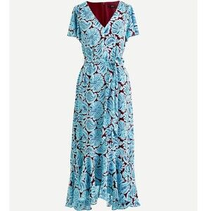 J Crew Midi Maxi Dress 6 Aqua Paisley‎ Floral Burgundy Flutter Ruffle Feminine